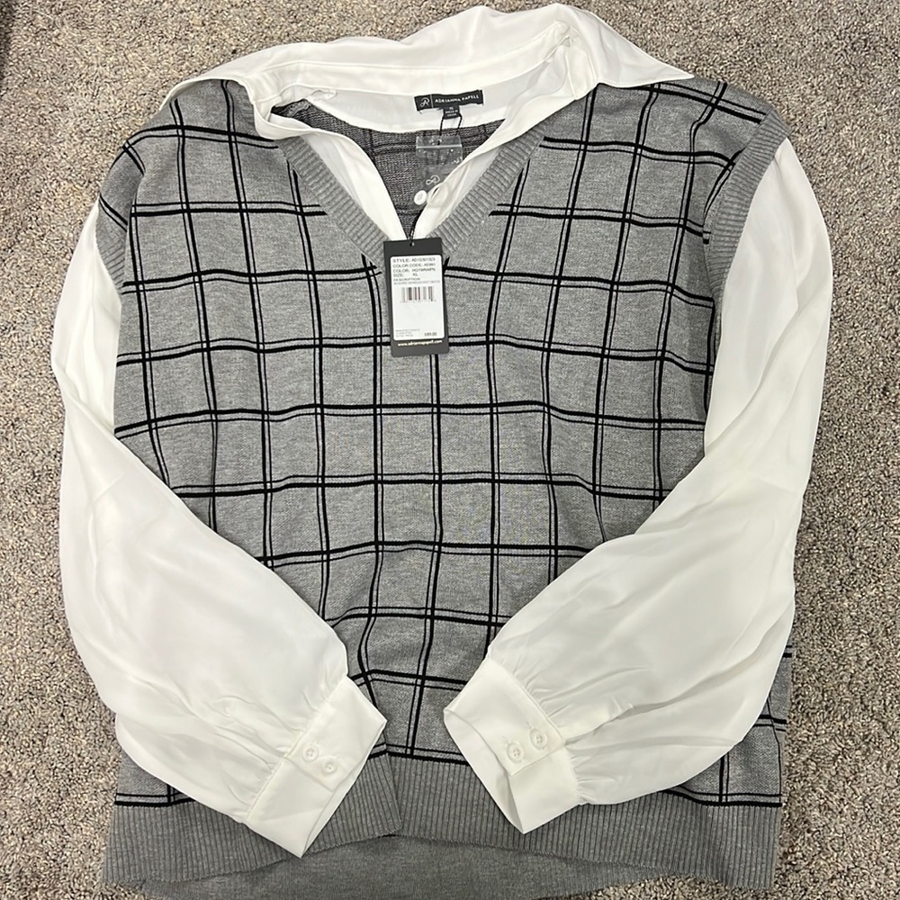 Academia Grey and black plaid white chiffon blouse with sweater detailing